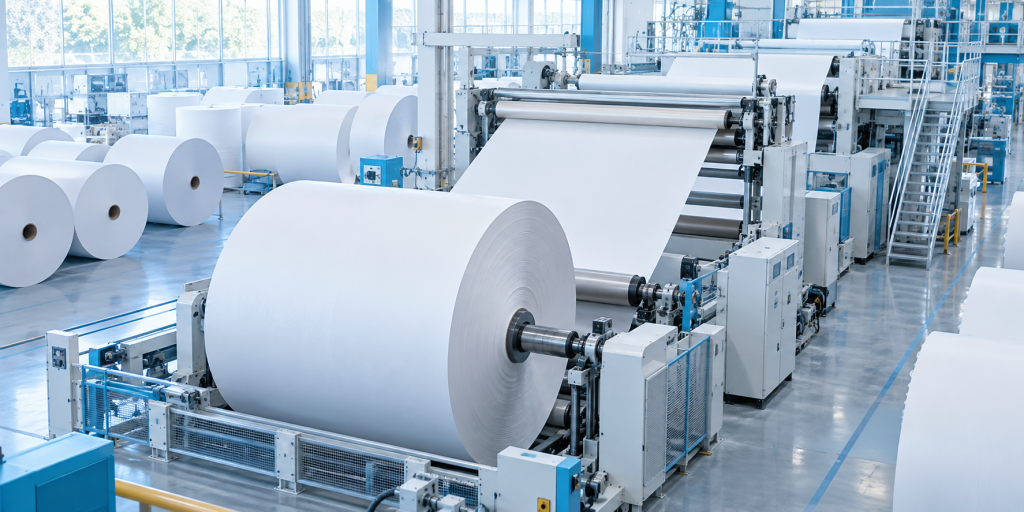 Modern paper manufacturing machinery and paper rolls