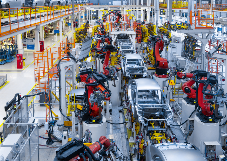 Industrial production line with automated robots