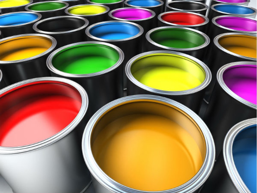 Paint cans in a range of colors